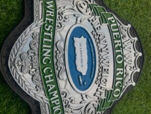 WWC Puerto Rico heavyweight wrestling belt center plate close view zinc gold etching