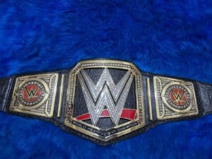 Close-up of WWE World Heavyweight Championship replica belt center plate with gold plating, clear stones and red accents