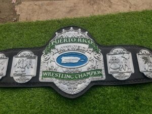 WWC Puerto Rico heavyweight wrestling champion belt full view zinc plates black leather