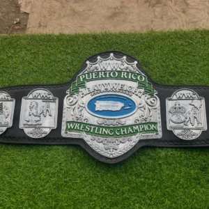 WWC Puerto Rico heavyweight wrestling champion belt full view zinc plates black leather