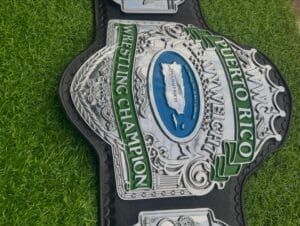 WWC Puerto Rico heavyweight wrestling belt center plate close view zinc gold etching